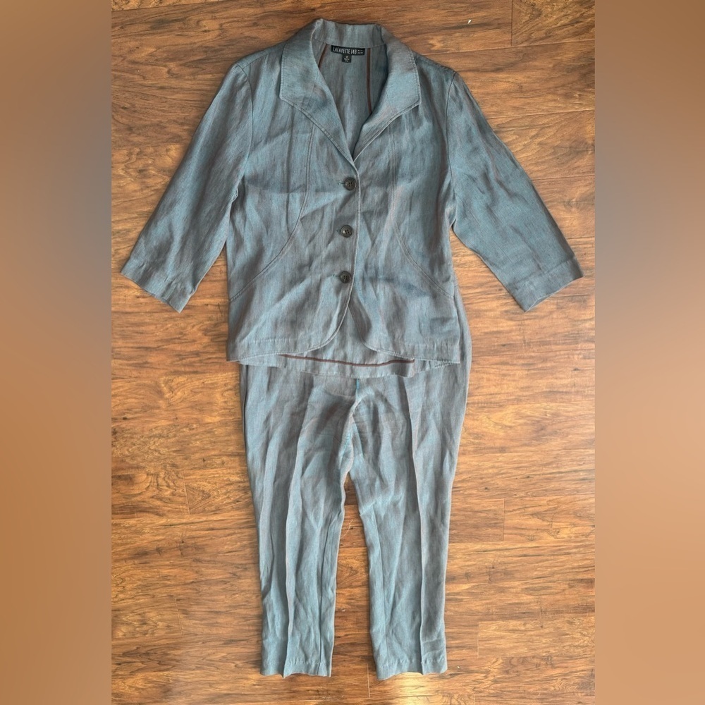 Lafayette 148 Linen Pant Suit Brown Blue Straight Leg Career Luxe Chic Size 12